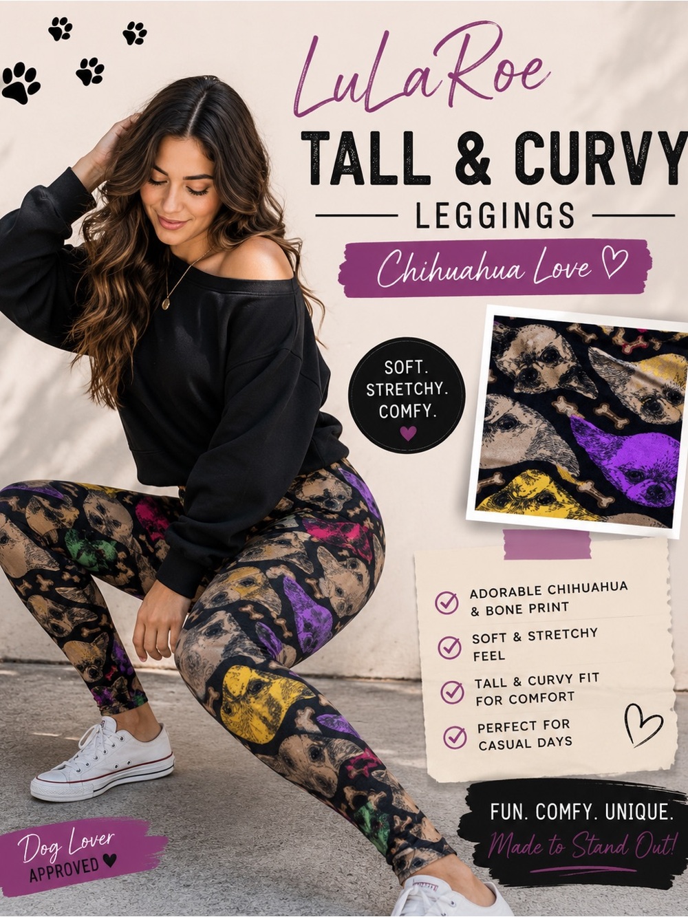 LuLaRoe Tall & Curvy Chihuahua Dog Bone Leggings 🐶 Colorful Print Soft Stretch